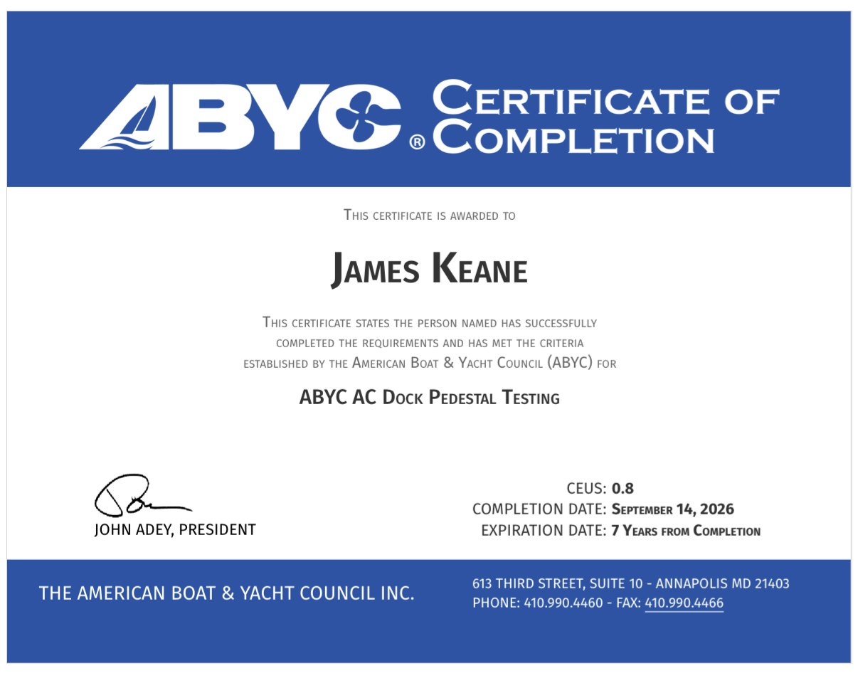 ABYC Certificate of Completion — AC Dock Pedestal Testing, awarded to James Keane
