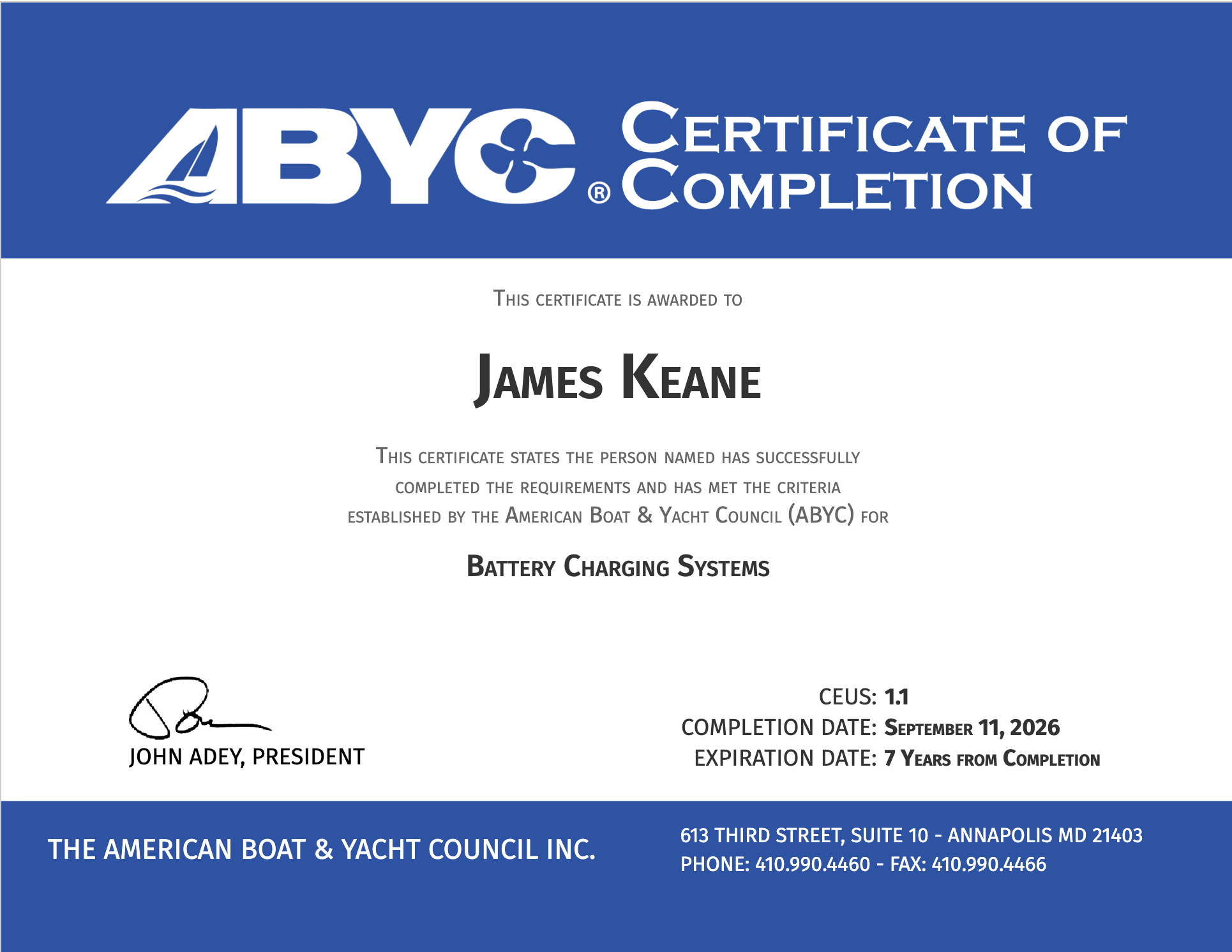 ABYC Certificate of Completion — Battery Charging Systems, awarded to James Keane