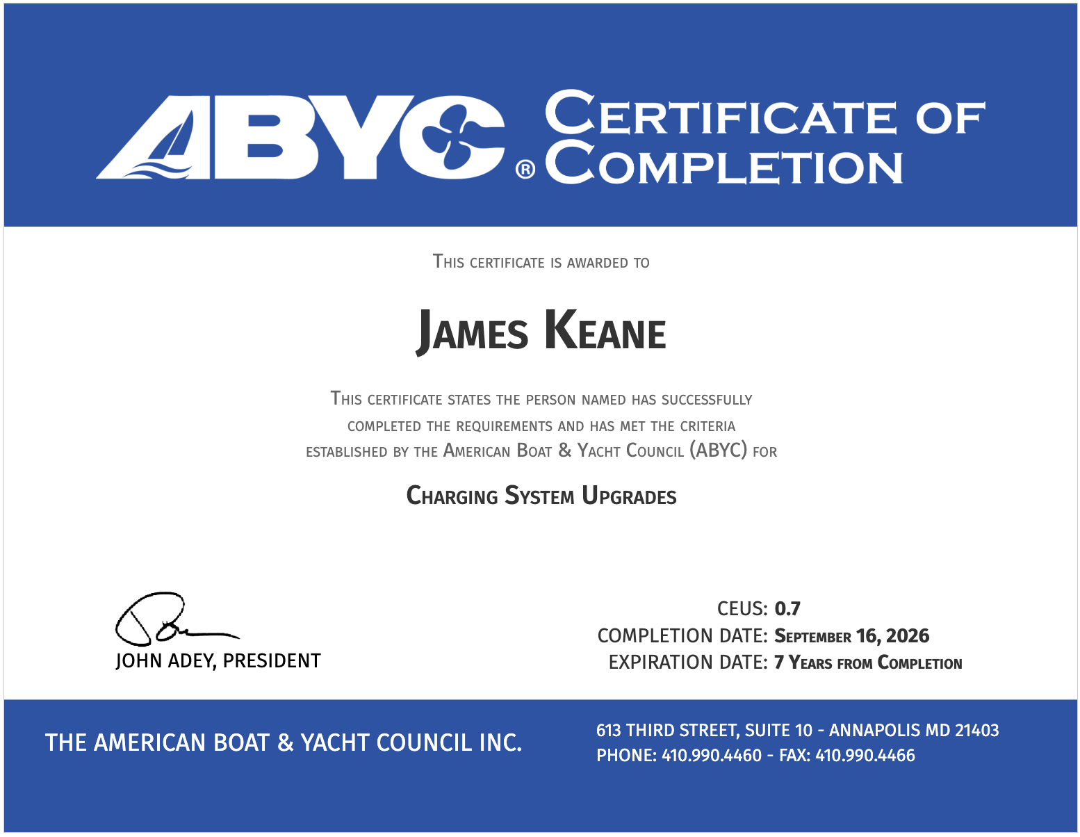 ABYC Certificate of Completion — Charging System Upgrades, awarded to James Keane