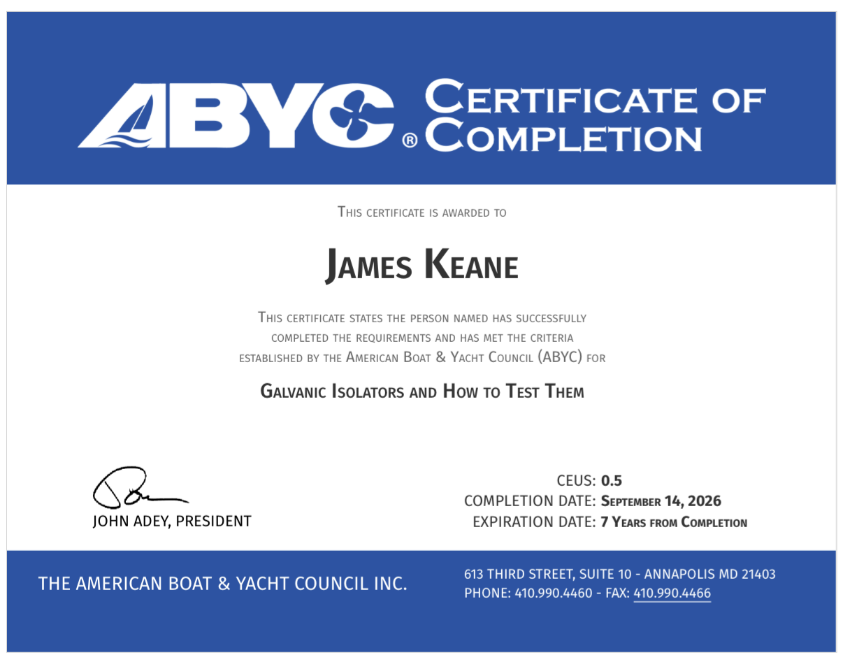 ABYC Certificate of Completion — Galvanic Isolators and How to Test Them, awarded to James Keane