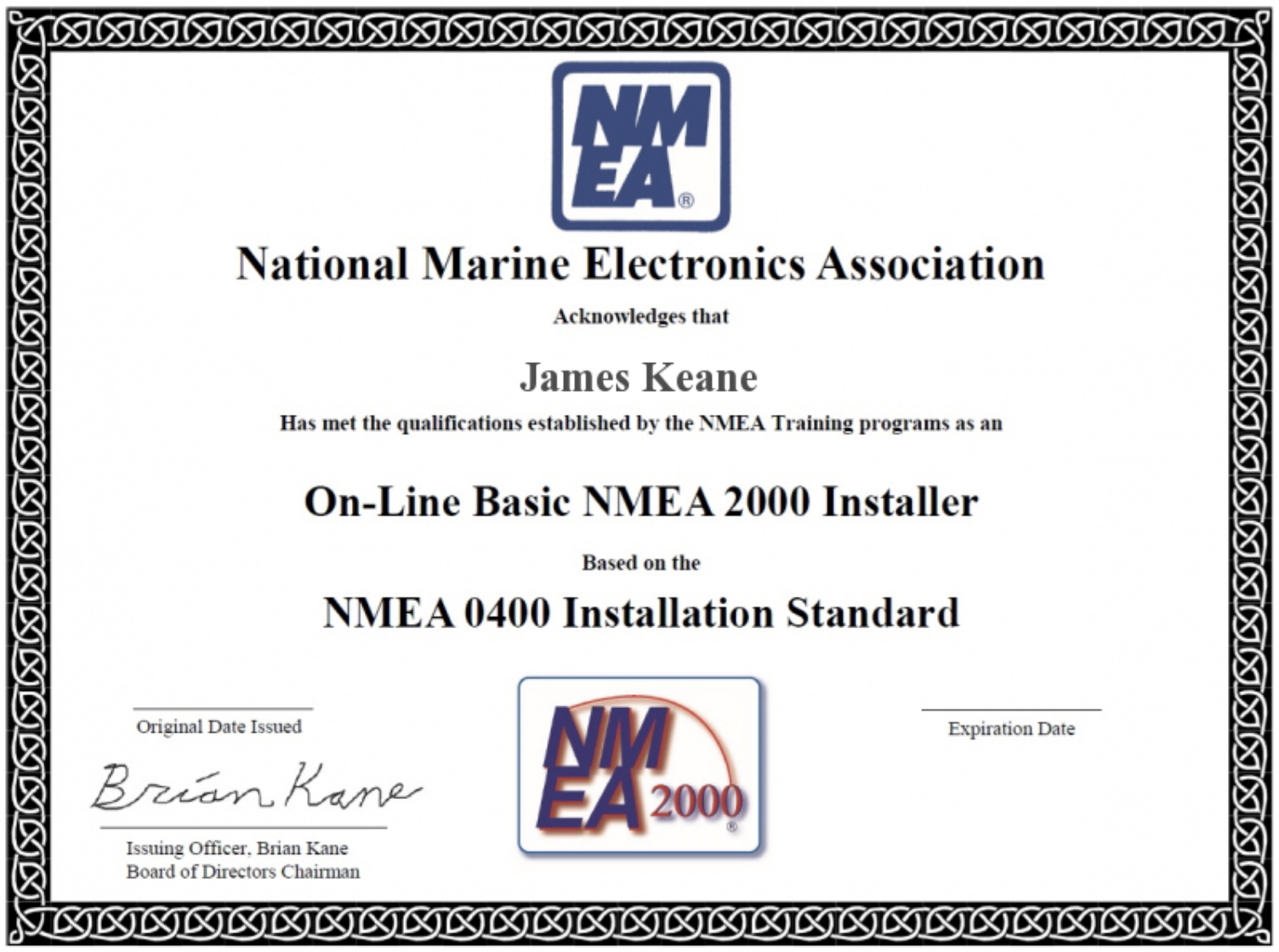 NMEA certificate — Basic NMEA 2000 Installer, awarded to James Keane